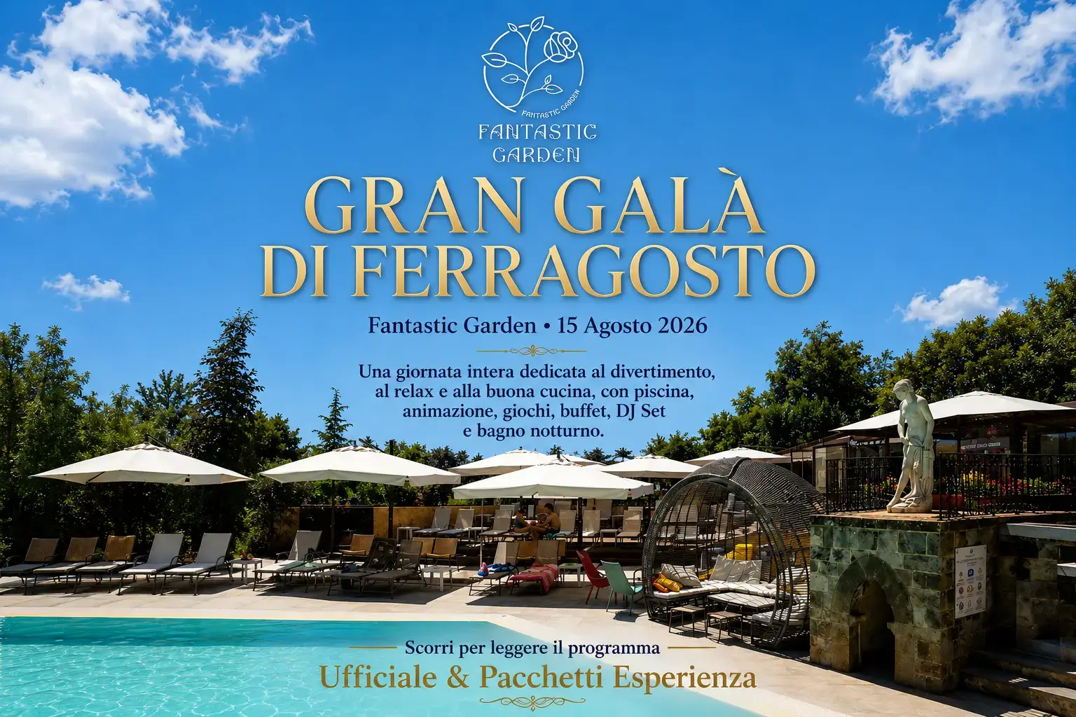 Locandina del Gran Galà di Ferragosto: la piscina con gli ombrelloni bianchi e il programma della giornata