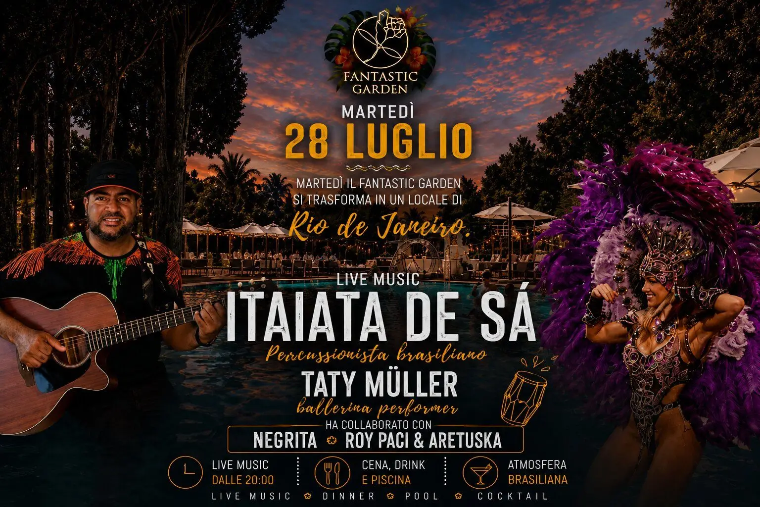 Locandina della serata brasiliana: il musicista con la chitarra e le ballerine in costume