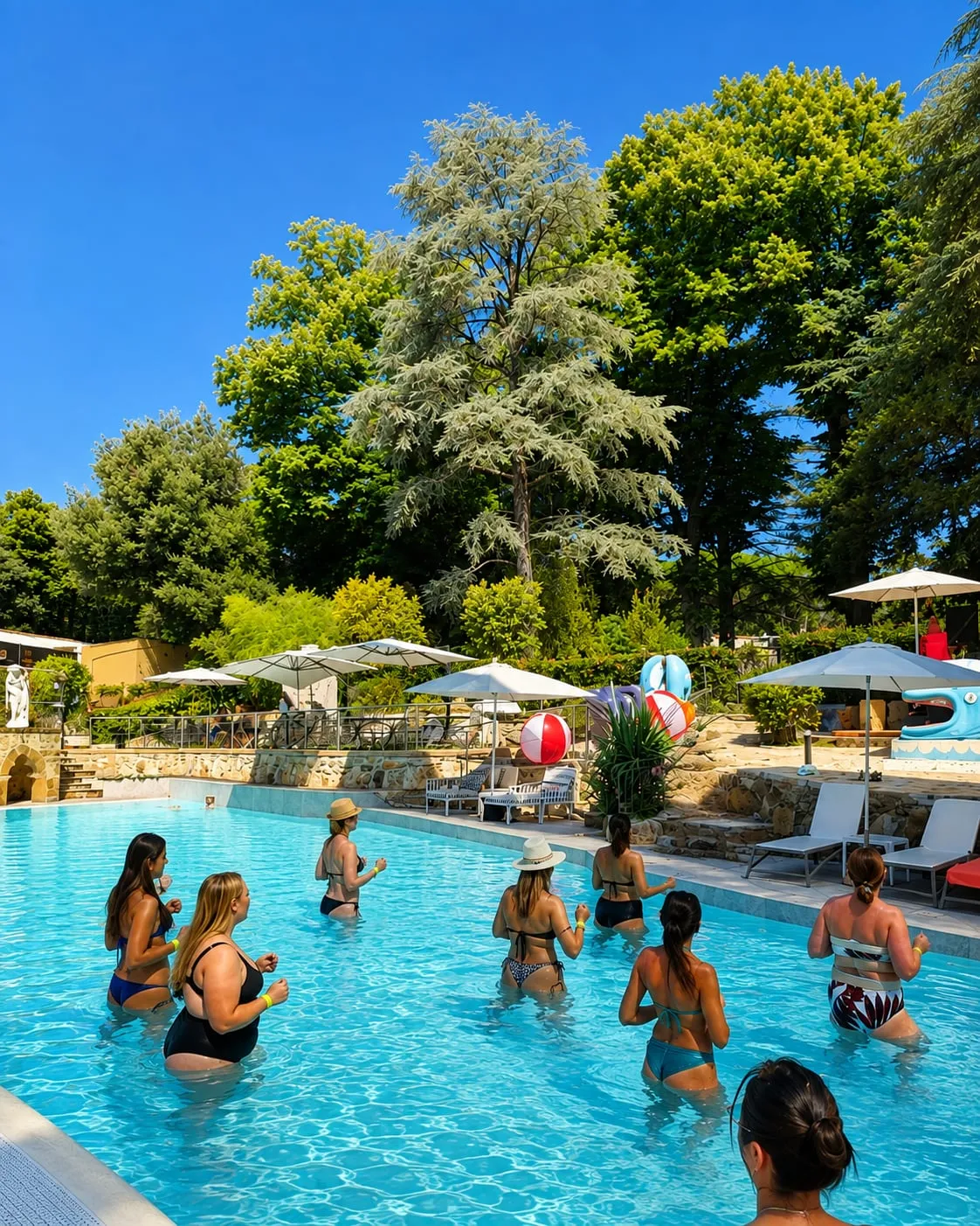 Un gruppo in acqua durante una lezione di acquagym, in una giornata di sole